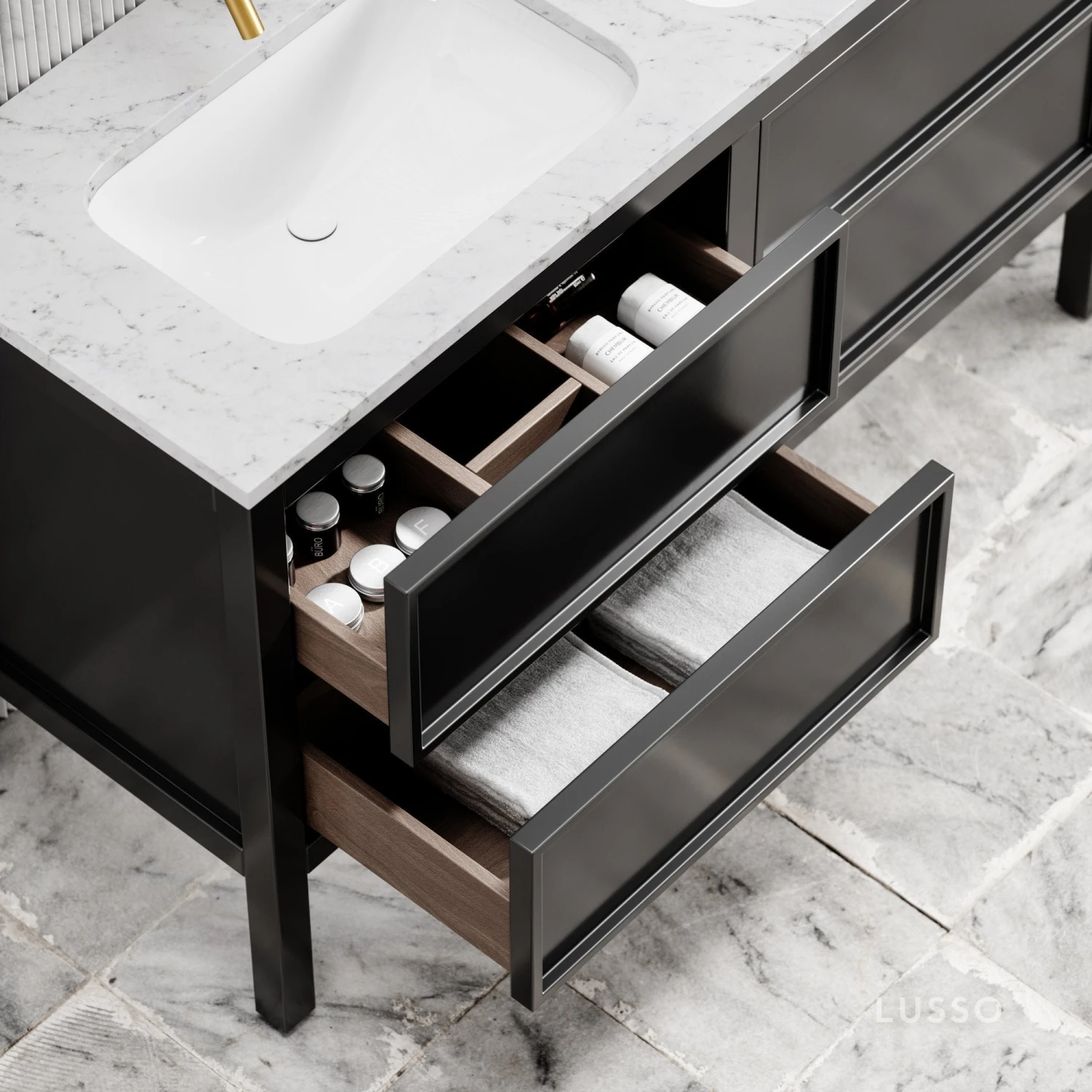 Stratford Bathroom Vanity Unit Black With Carrara Marble 1400mm 6 Stratford Bathroom Vanity Unit Black With Carrara Marble 1400mm - Image 6