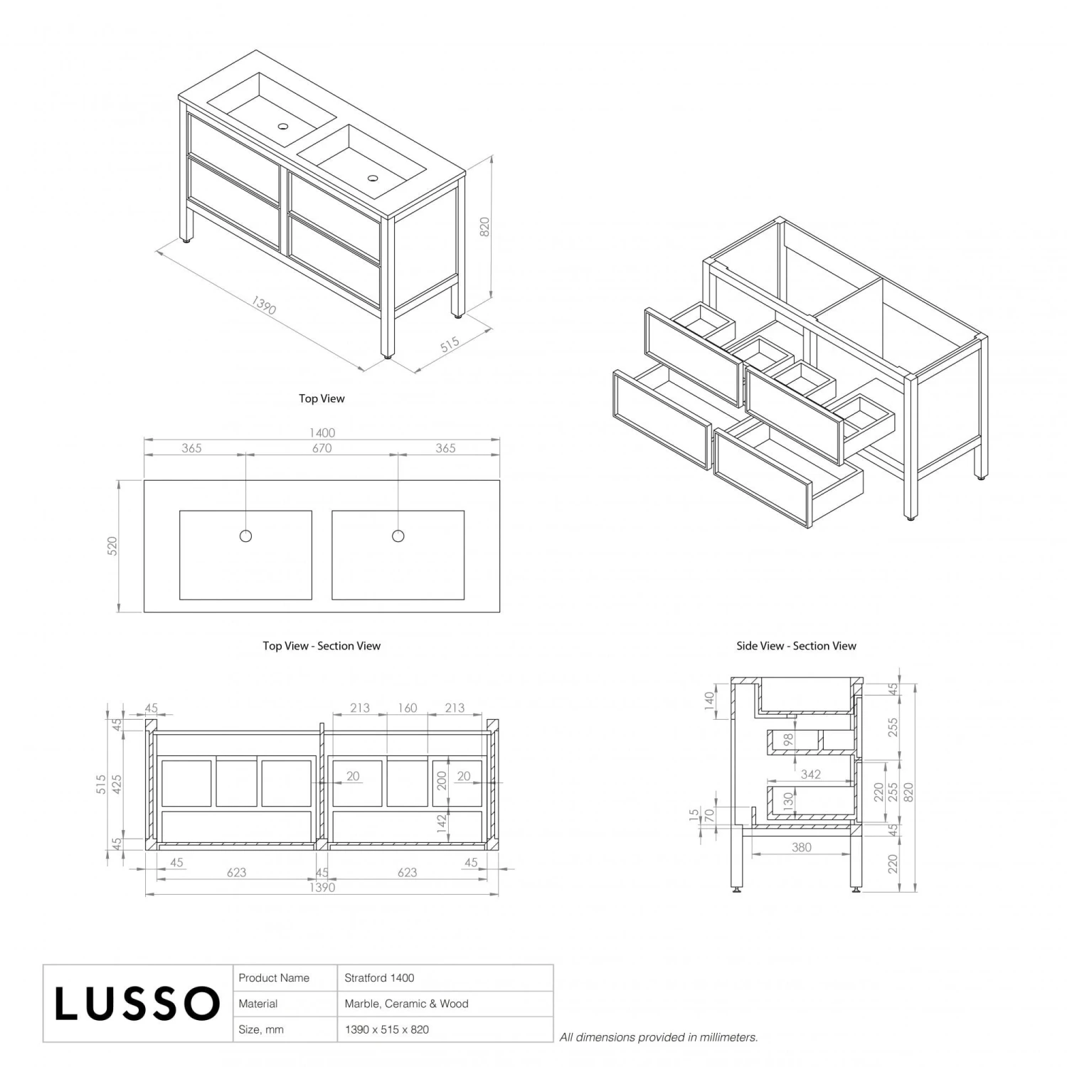 Stratford Bathroom Vanity Unit Black With Carrara Marble 1400mm 7 Stratford Bathroom Vanity Unit Black With Carrara Marble 1400mm - Image 7