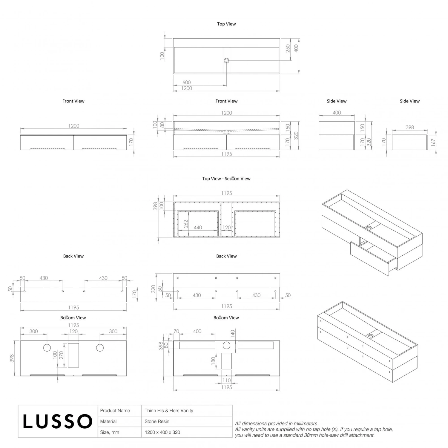 Thinn Double Vanity Unit With Stone Basin (Matte White 1200mm) 7 Thinn Double Vanity Unit With Stone Basin (Matte White 1200mm) - Image 7