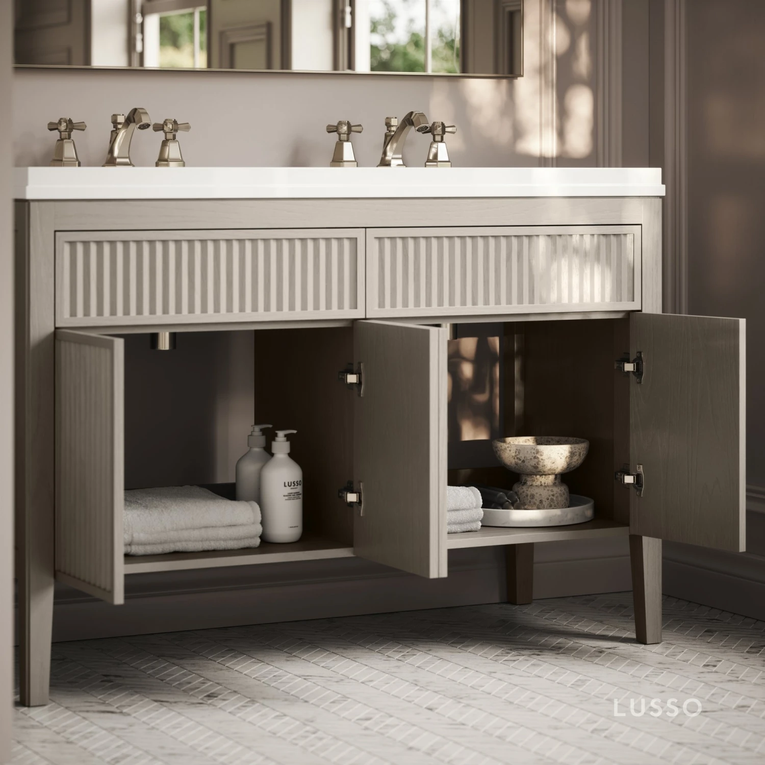 Tiffany Velvet Beige Wood Grain Double Vanity Unit 1200mm 4 Tiffany Velvet Beige Wood Grain Double Vanity Unit 1200mm - Image 4