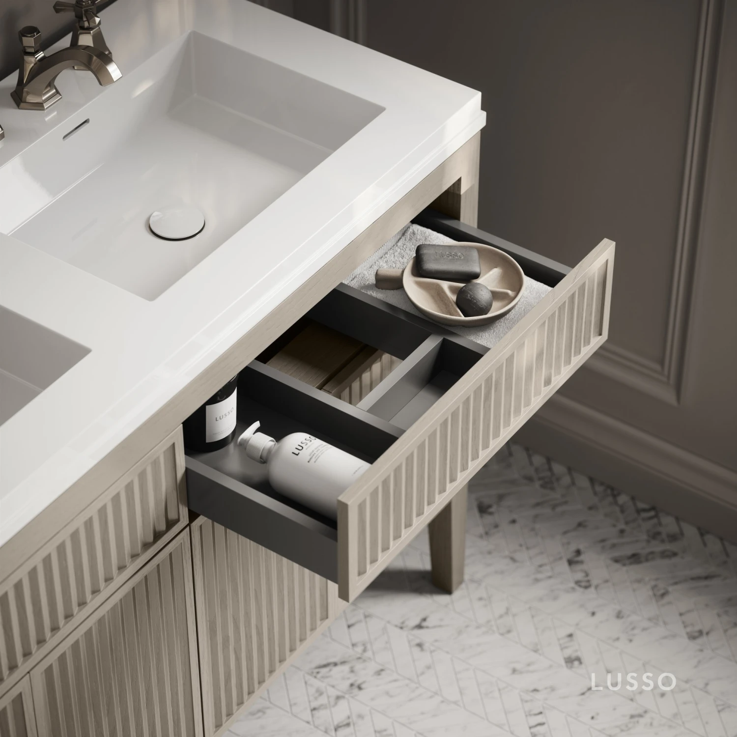 Tiffany Velvet Beige Wood Grain Double Vanity Unit 1200mm 5 Tiffany Velvet Beige Wood Grain Double Vanity Unit 1200mm - Image 5