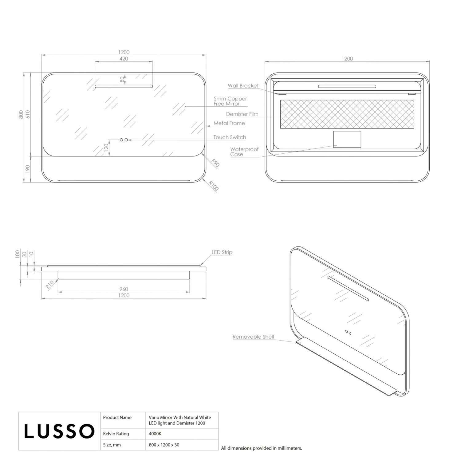 Vario Matte Black Mirror With Natural White LED Light And Demister 1200mm 5 Vario Matte Black Mirror With Natural White LED Light And Demister 1200mm - Image 5