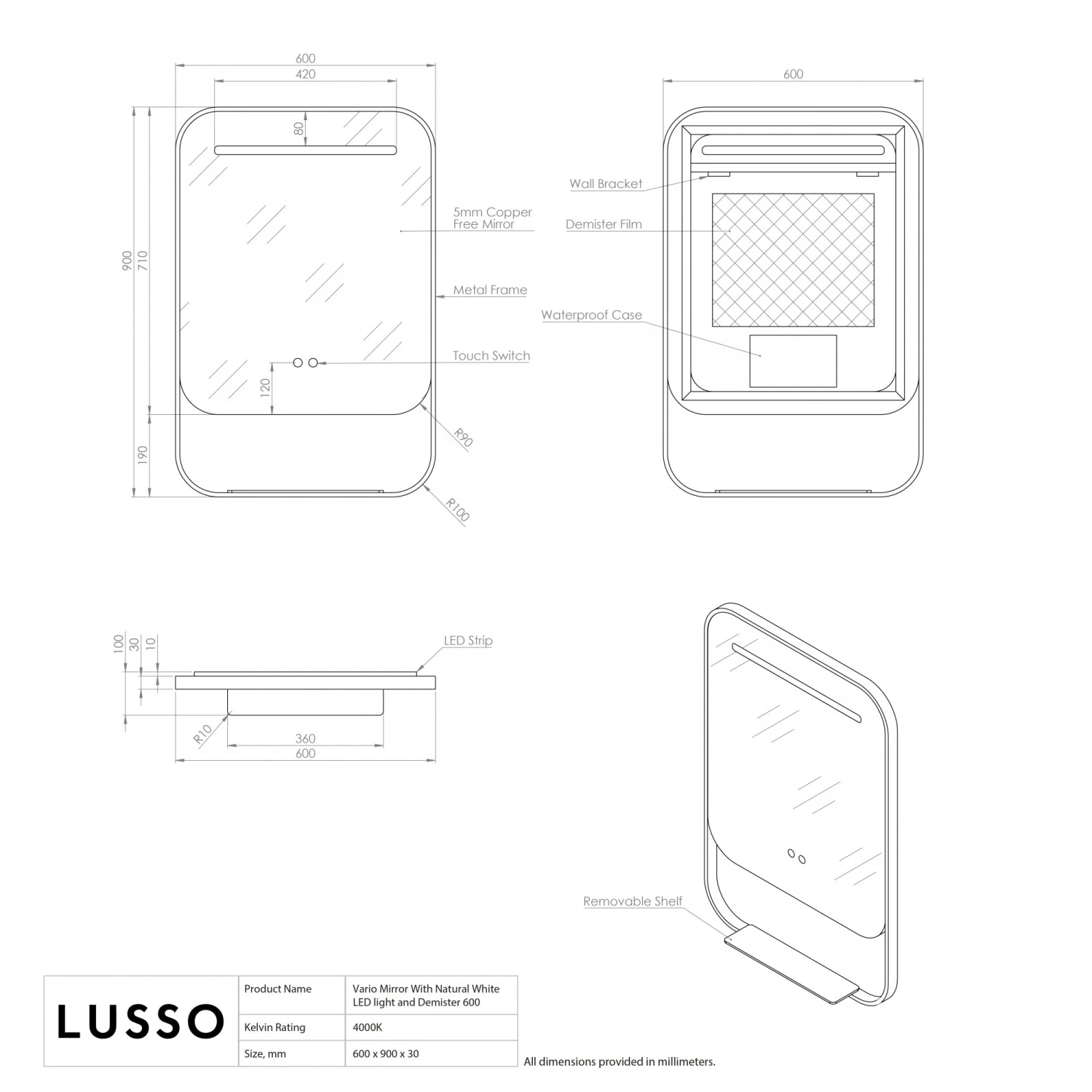 Vario Matte Black Mirror With Natural White LED Light And Demister 600mm 5 Vario Matte Black Mirror With Natural White LED Light And Demister 600mm - Image 5