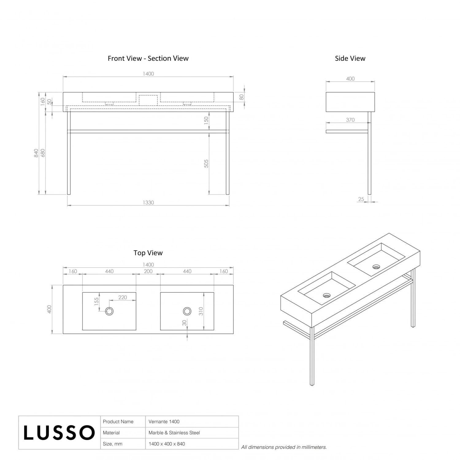 Vernante Vanity Unit With Panda Marble Basin 1400mm 7 Vernante Vanity Unit With Panda Marble Basin 1400mm - Image 7