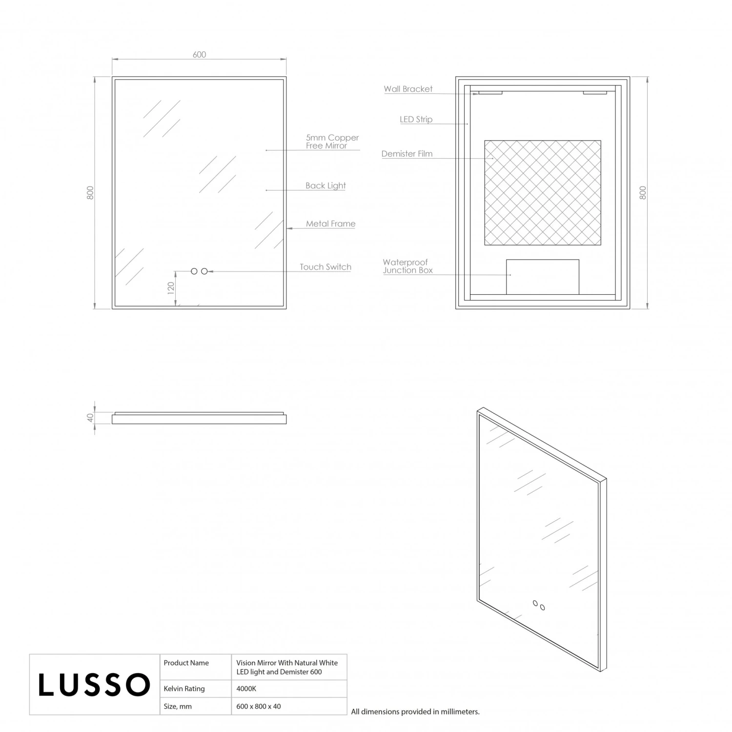 Vision Brushed Gold Mirror With Natural White LED Light And Demister 600mm 5 Vision Brushed Gold Mirror With Natural White LED Light And Demister 600mm - Image 5