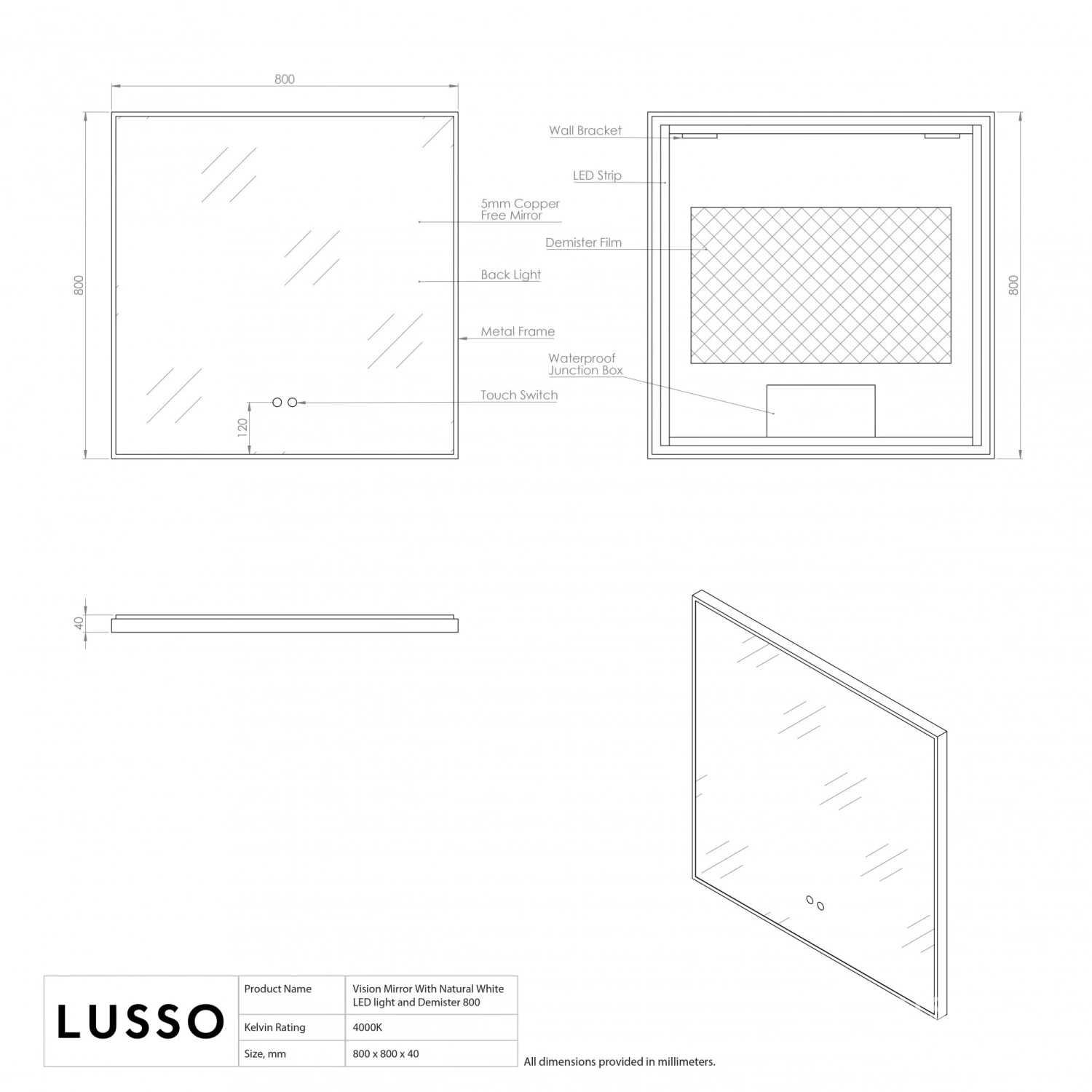 Vision Brushed Gold Mirror With Natural White LED Light And Demister 800mm 5 Vision Brushed Gold Mirror With Natural White LED Light And Demister 800mm - Image 5