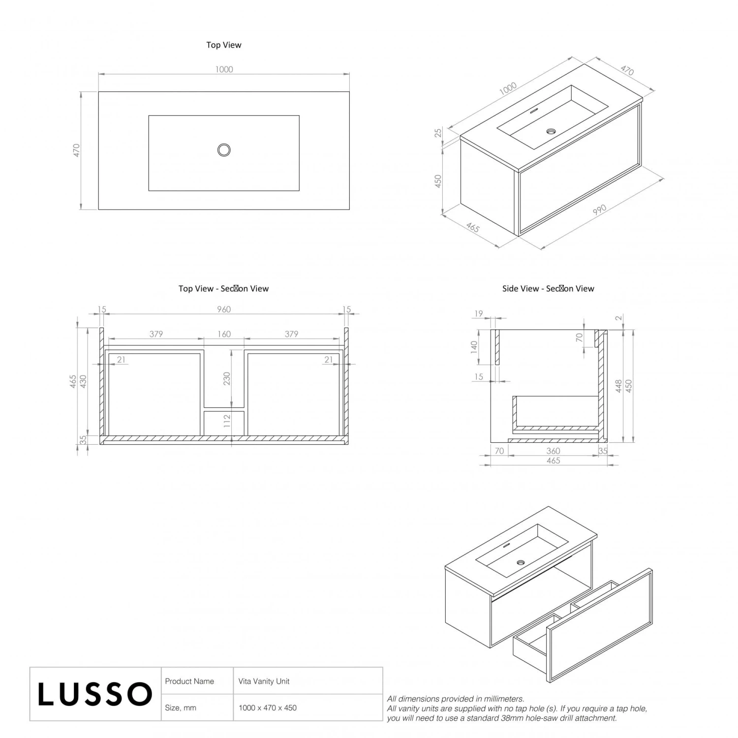 Vita Vanity Unit With Stone Basin (Anthracite 1000mm) 4 Vita Vanity Unit With Stone Basin (Anthracite 1000mm) - Image 4