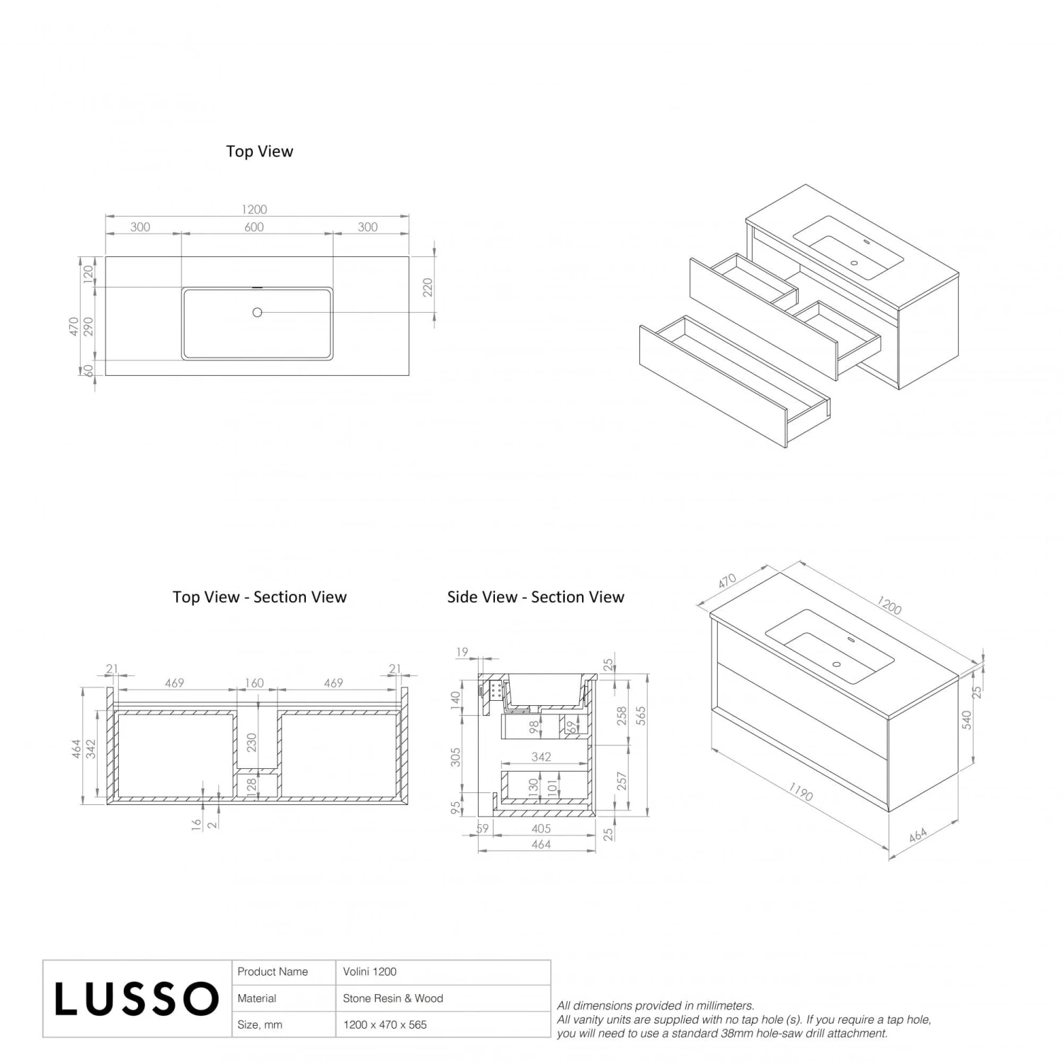 Volini Vanity Unit With Stone Basin (Matte Anthracite 1200mm) 6 Volini Vanity Unit With Stone Basin (Matte Anthracite 1200mm) - Image 6