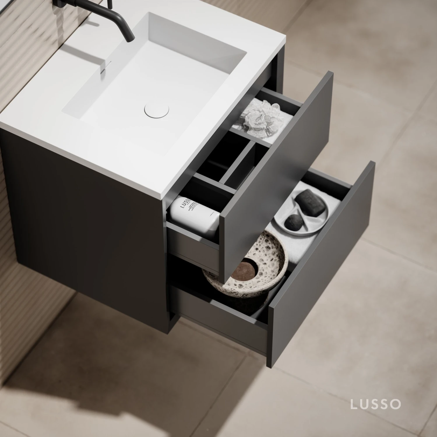 Volini Vanity Unit With Stone Basin (Matte Anthracite 600mm) 5 Volini Vanity Unit With Stone Basin (Matte Anthracite 600mm) - Image 5