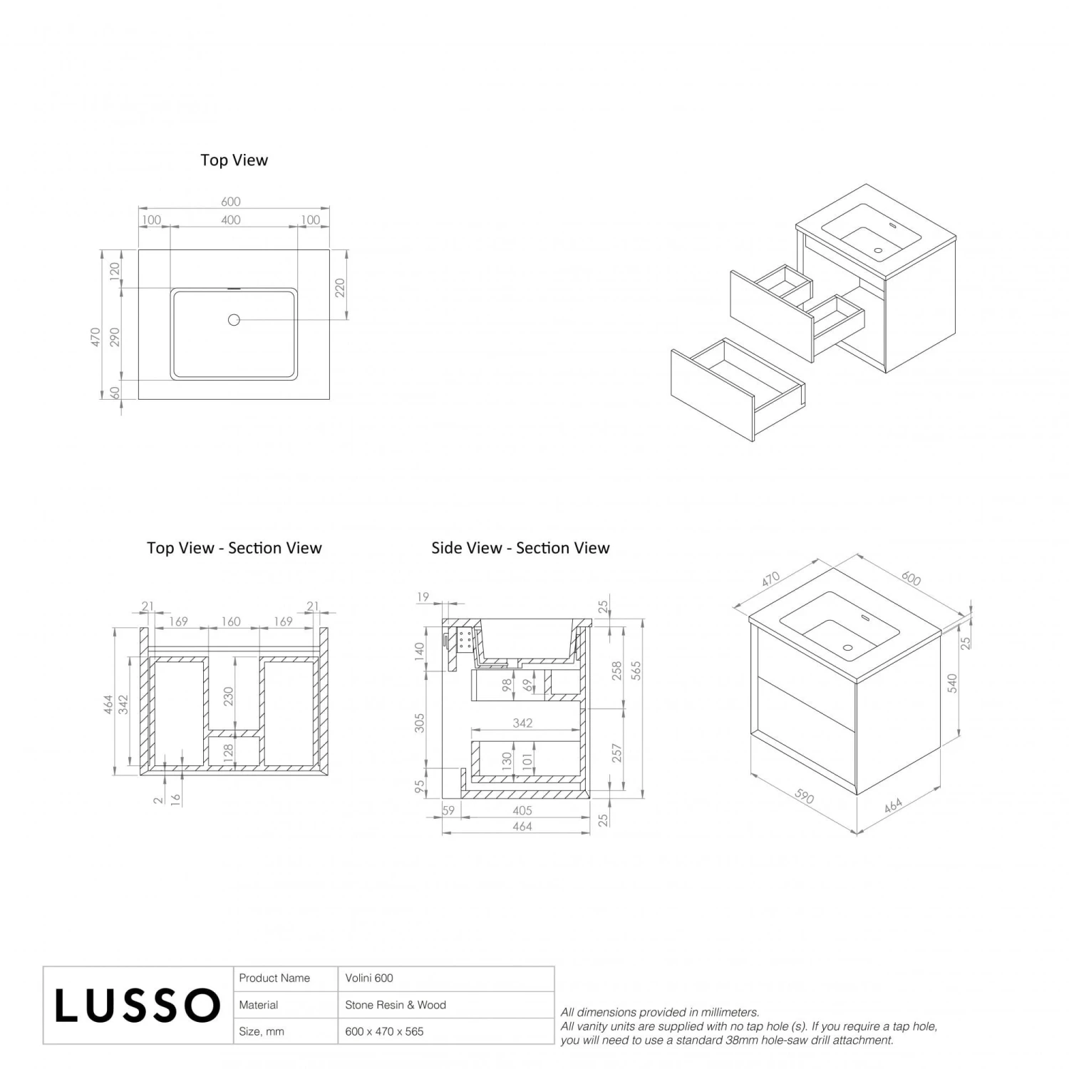 Volini Vanity Unit With Stone Basin (Matte Cappuccino 600mm) 6 Volini Vanity Unit With Stone Basin (Matte Cappuccino 600mm) - Image 6