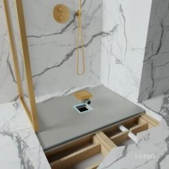 Home Bathroom Shop 37 Wet Room Walk In Shower Tray Kit - Centre Drain + Tanking Kit + Brushed Gold Waste Kit (ALL SIZES)
