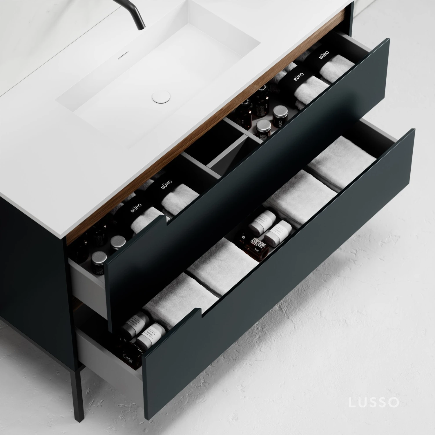 Zotto Vanity Unit With Stone Basin (American Walnut & Black Anthracite 1200mm) 2 Zotto Vanity Unit With Stone Basin (American Walnut & Black Anthracite 1200mm) - Image 2