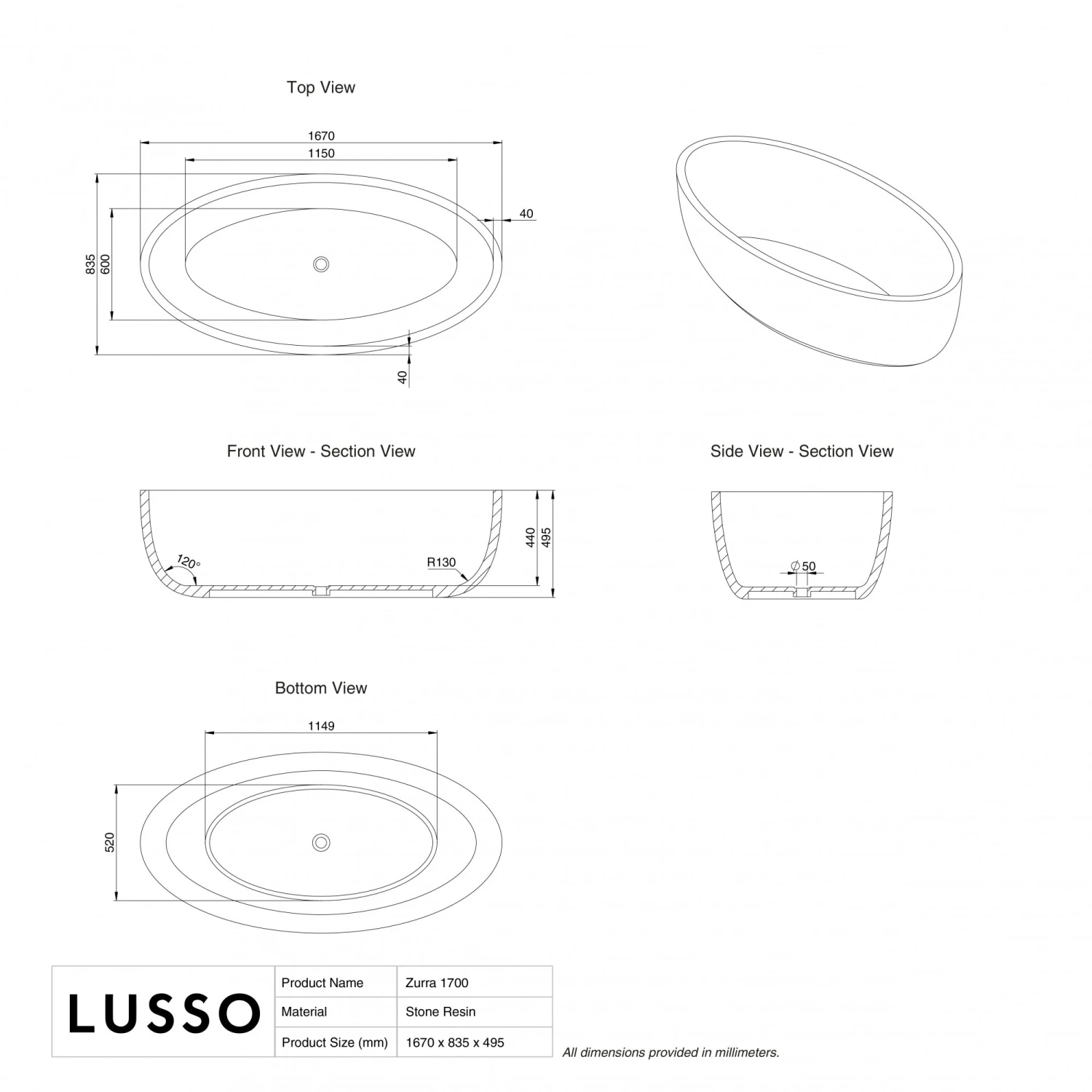 Zurra Lucid Black Freestanding Stone Bath 1700mm 4 Zurra Lucid Black Freestanding Stone Bath 1700mm - Image 4